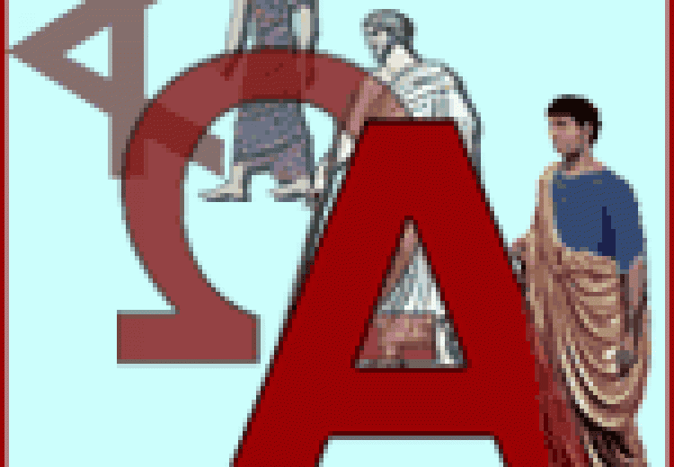 Red "A," omega and phoenician letter, with men in greek, roman, and phoenician clothing next to each letter