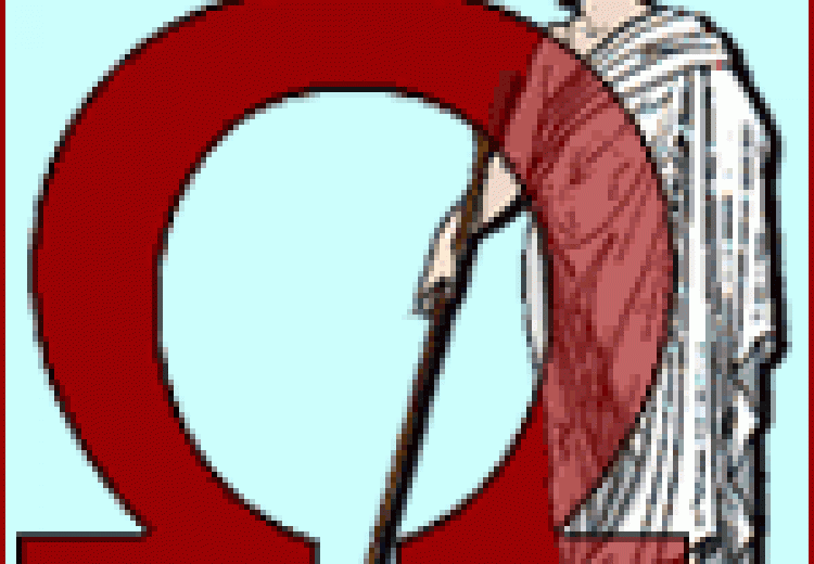 a big, red omega symbol on a blue background, with a man in a white toga, holding a staff, next to it