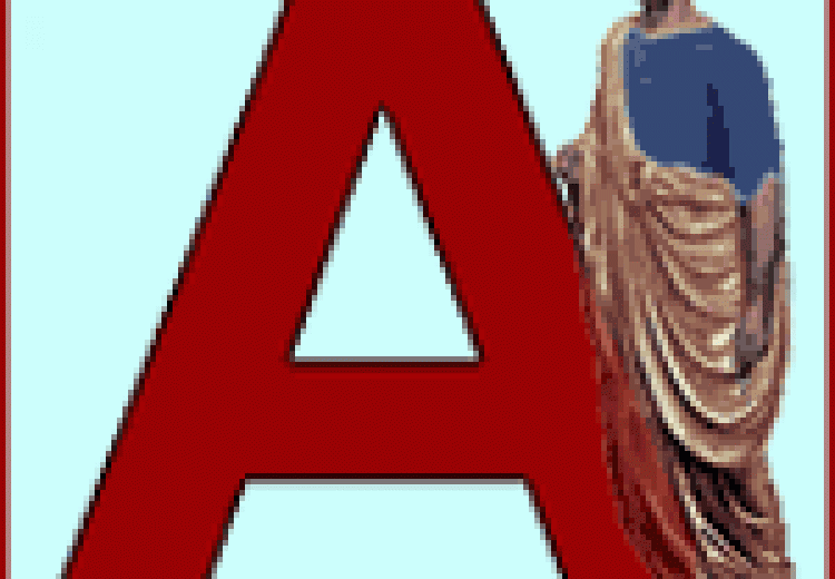 Big, red letter "A," with a man in a roman tunic standing next to it