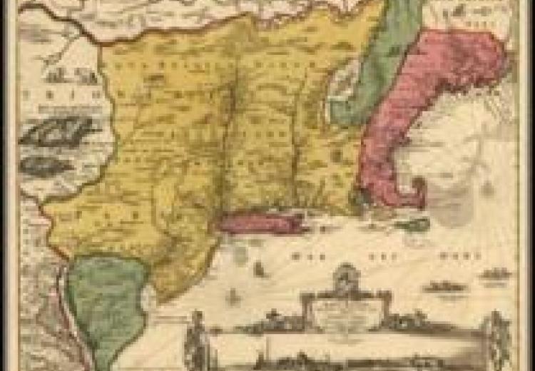 A Dutch Map of the English colonies in North America around 1685 with an inset view of New Amsterdam.