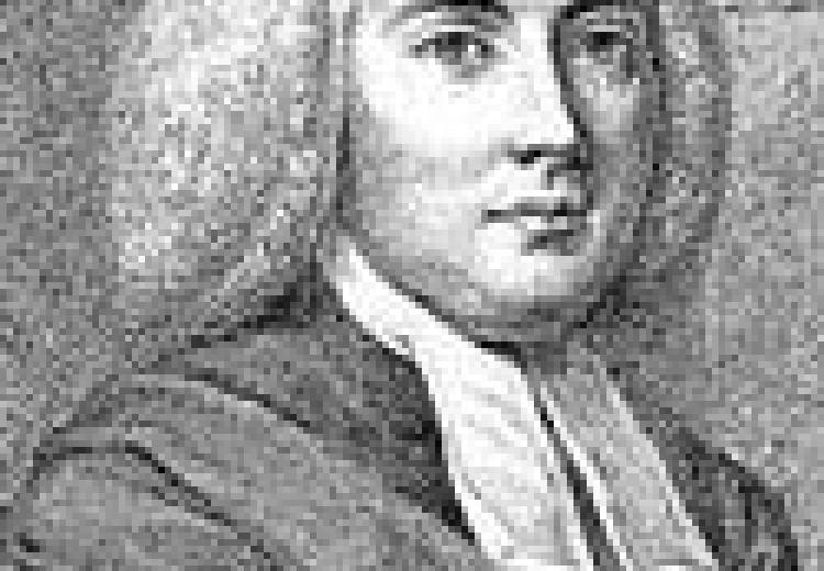 Mayhew, in a white wig and white collar, with a robe wrapped around his shoulders