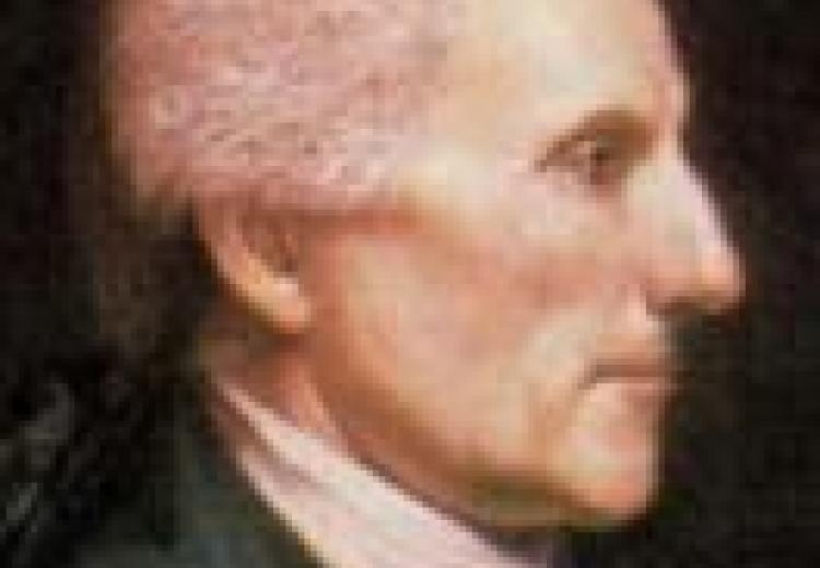 profile painting of lee, wearing a white wig, white high-collared shirt and blue coat