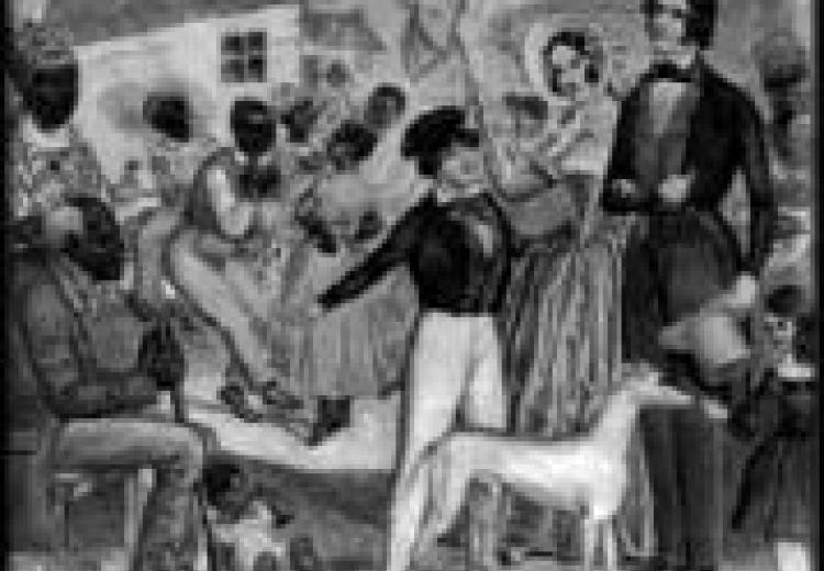 Slaves thanking their white masters on a plantation, with a hut in the background