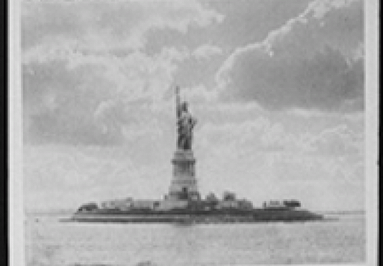 Black and white illustration of the Statue of Liberty.