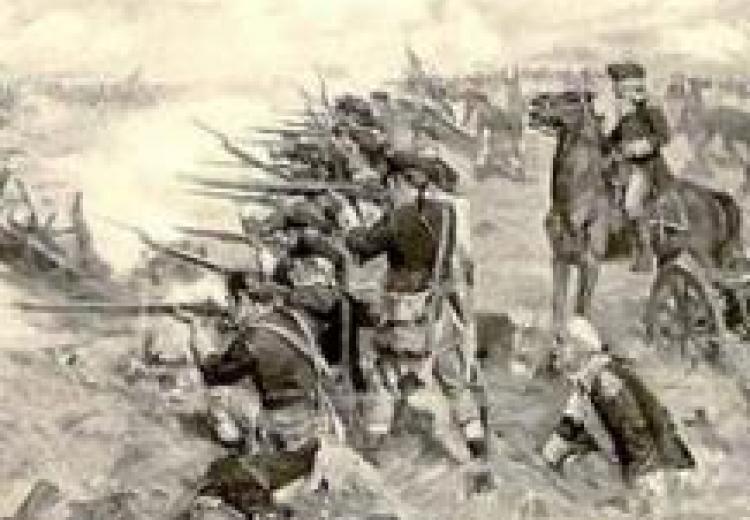 illustration of a firing line during the battle of brandywine, with a general on horseback leading