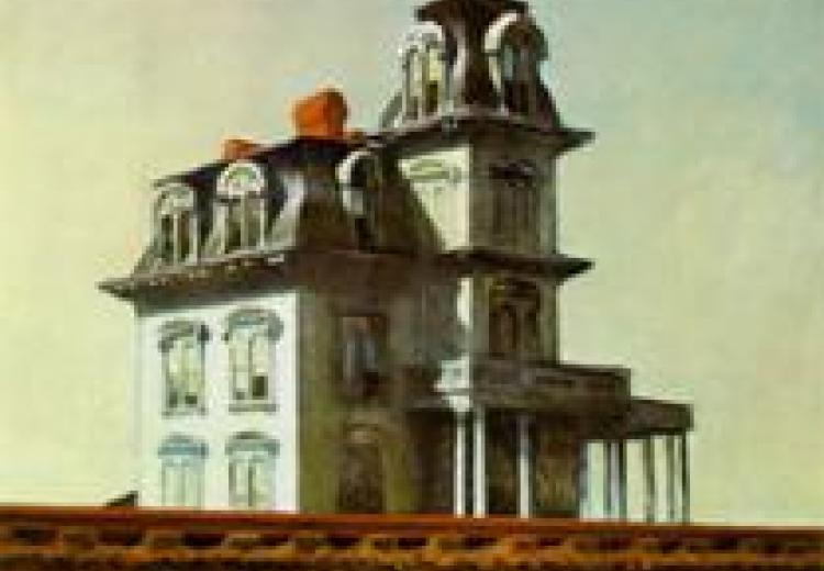 Painting by Edward Hopper depicting a tall, white house.