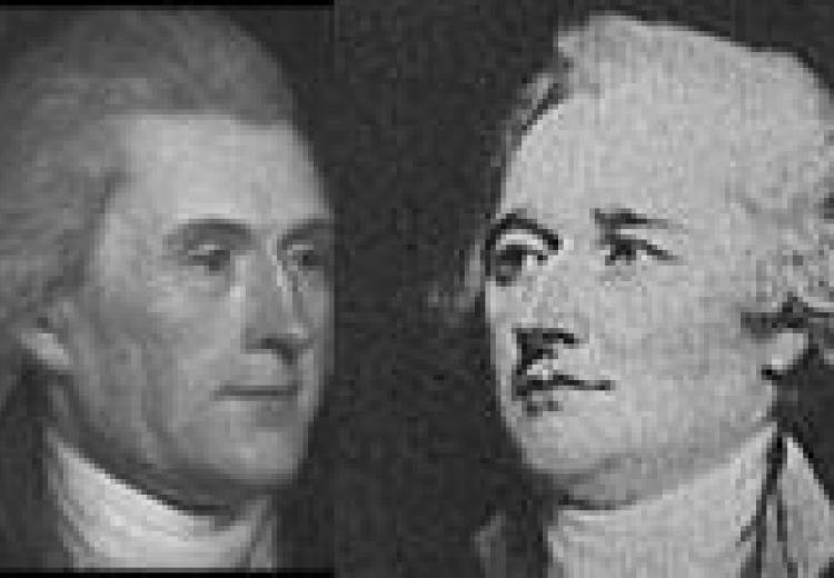 portraits: jefferson on the left and hamilton on the right
