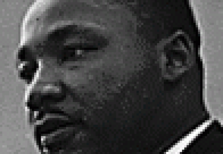headshot of MLK Jr, taken from a low viewpoint