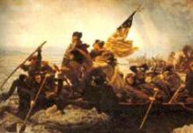 washington, in a boat with his soldiers, sailing across the river with an american flag mounted in the boat, fluttering in the breeze