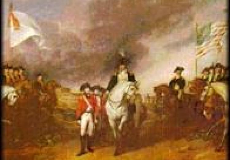 Cornwallis surrenders to american forces on a grassy field at yorktown, under a smoky sky