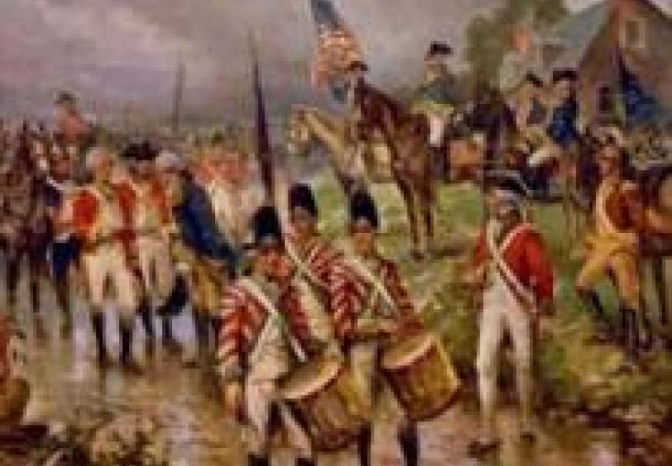 painting of british redcoats and cornwallis surrendering on a grassy hill, with the american flag flying in the background