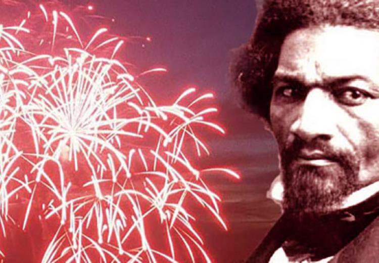 Portrait of Frederick Douglass against fireworks background