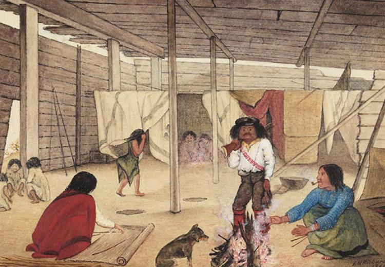 Interior of a Salish Longhouse, British Columbia, 1864. Watercolour by Edward M. Richardson (1810-1874).