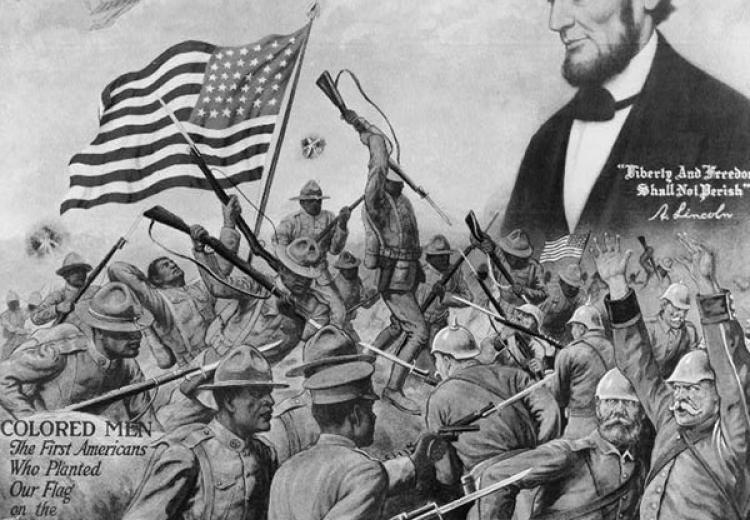 Painting of African American soldiers fighting German soldiers in World War I, and head-and-shoulders portrait of Abraham Lincoln above.
