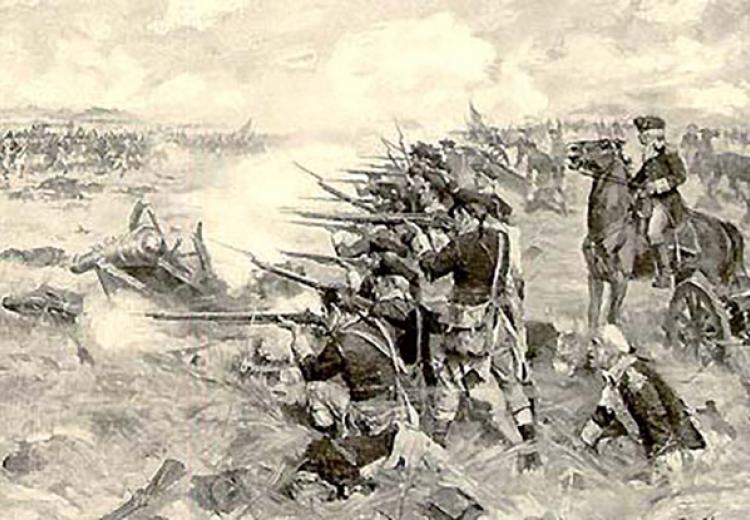 illustration of a firing line during the battle of brandywine, with a general on horseback leading