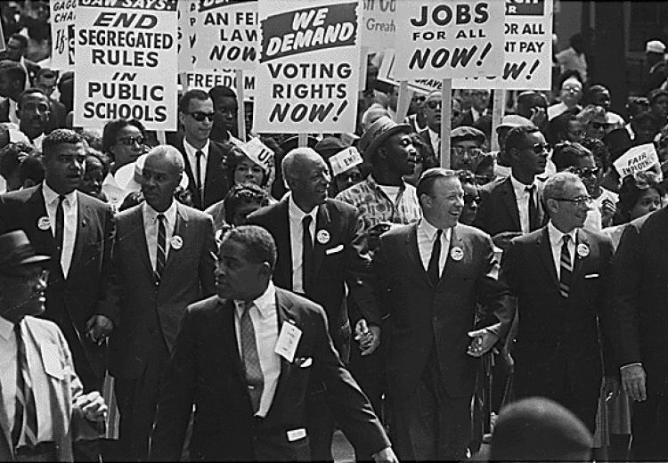 Civil Rights leaders marching from the Washington Monument to the Lincoln Memorial, August 28, 1963.