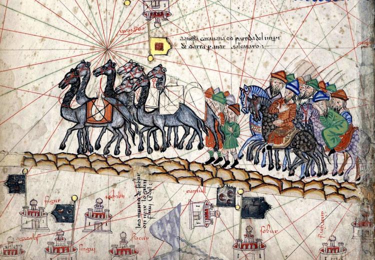 A 14th century painting depicting Marco Polo's caravan traveling along the Silk Road. 