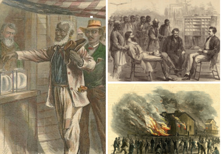 Collage of two Harpers Weekly Reconstruction related pictures and a Freedmen's Bureau picture.