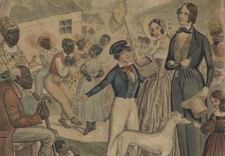 Idyllic cartoon of slaves thanking their master for taking care of them
