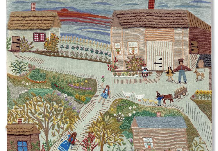 Colorful tapestry of village homes, family, farming animals