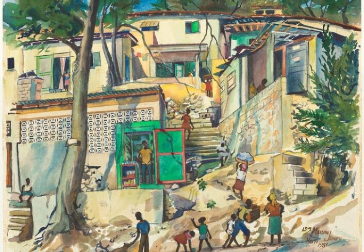 Painting shows people engaged in various neighborhood activities. At center, a man stands in the opening of a green door. 