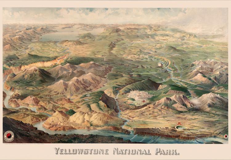 Detailed, bird's-eye view pictorial map of Yellowstone National Park