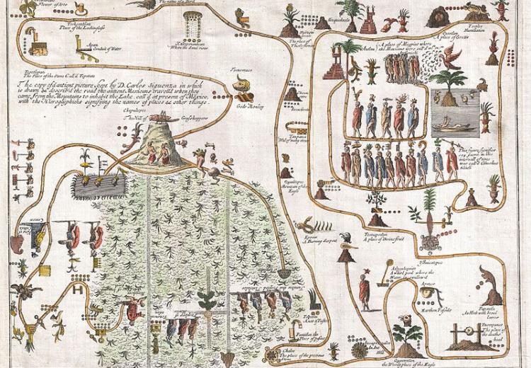 First published representation of the legendary Aztec migration from Aztlan in the northwest of Mexico, to Chapultepec Hill, currently Mexico City. Drawn by Giovanni Francesco Gemelli Careri, ca. 1704. 