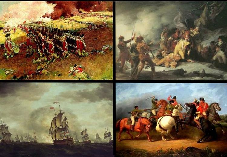 A collage of American Revolutionary War images. Clockwise from top left: Battle of Bunker Hill, Death of Montgomery at Quebec, Battle of Cowpens, "Moonlight Battle"
