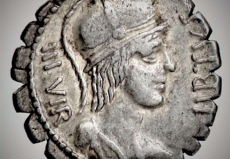 Roman coin depicting Virtus in battle helmet