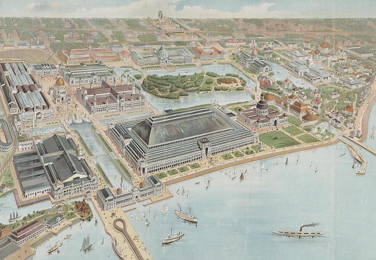 Color drawing of aerial view of the World's Columbian Exposition buildings and fairgrounds