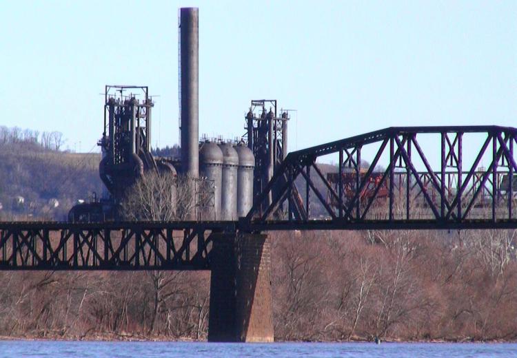Carrie Furnace with Monongahela River and Pinkerton's Landing Bridge in foreground