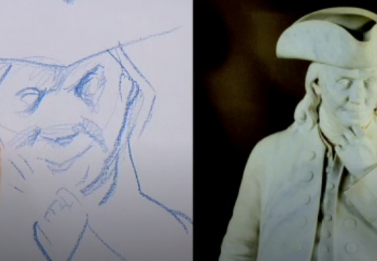 Left: Steve Brodner draws a caricature of Franklin. Right: Hiram Powers's 1862 statue of Franklin.
