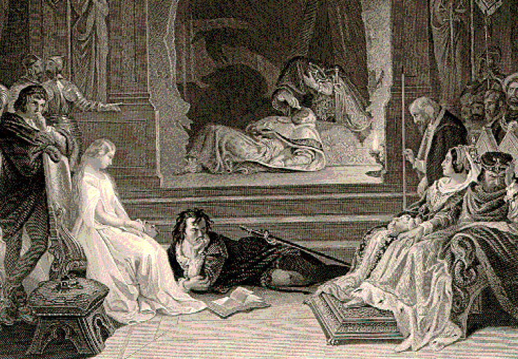 A detail of the engraving of Daniel Maclise's 1842 painting The Play-scene in Hamlet, portraying the moment when the guilt of Claudius is revealed.