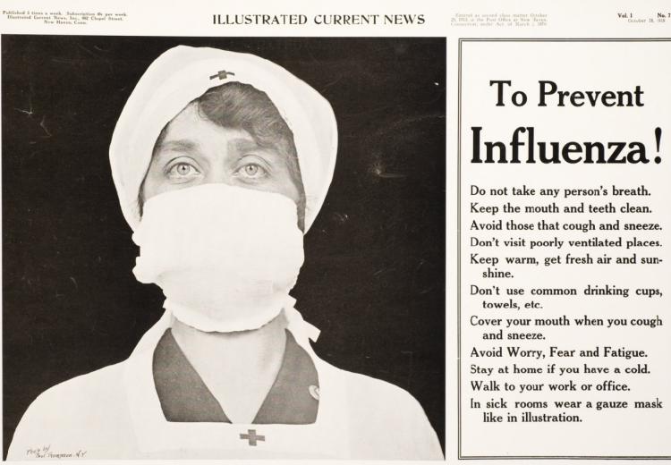 Black and white poster of a Red Cross nurse with a gauze mask over her nose and mouth. Text next to the image provides public health information "To prevent influenza!"