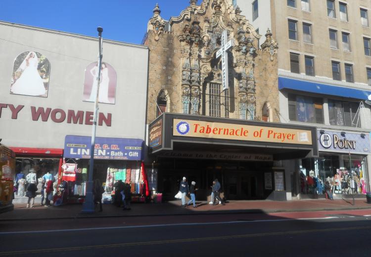 City block with ornate Tabernacle of Prayer in center