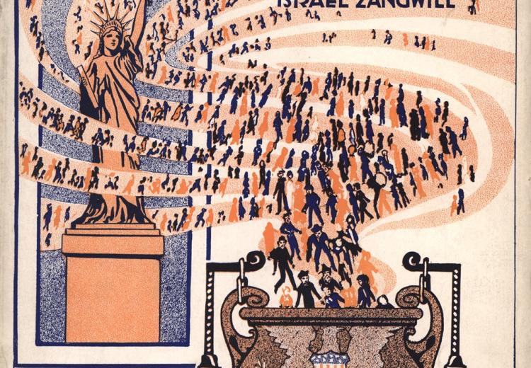 Illustration of many people walking into a pot over a fire, with the Statue of Liberty in the background