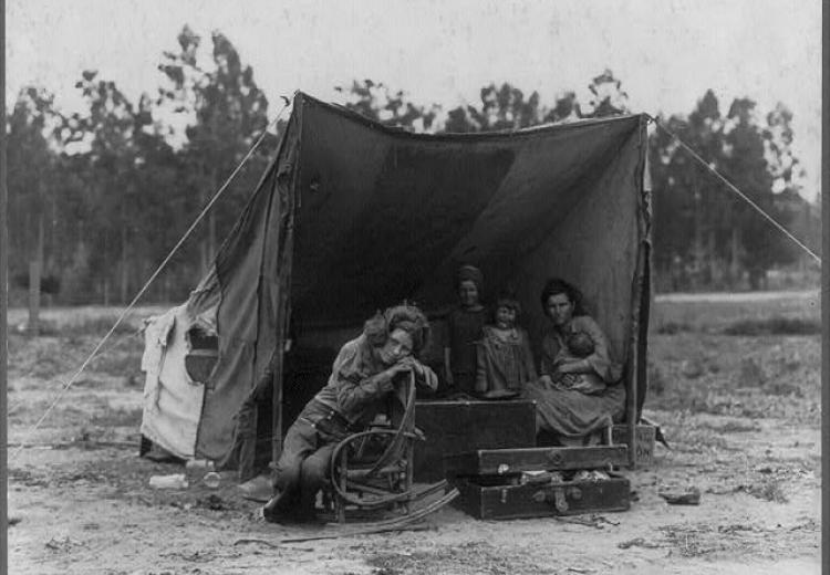 "Migrant agricultural worker's family. Seven hungry children. Mother aged thirty-two. Father is native Californian. Nipomo, California," Dorothea Lange, 1936.