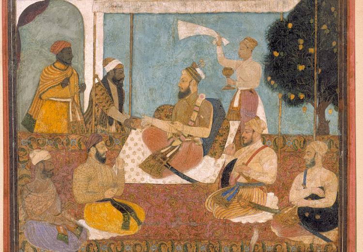 Seated man surrounded by others is offered jewels