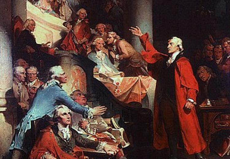 Patrick Henry, an anti-federalist, speaking in the Virginia House of Burgesses, May 1765.