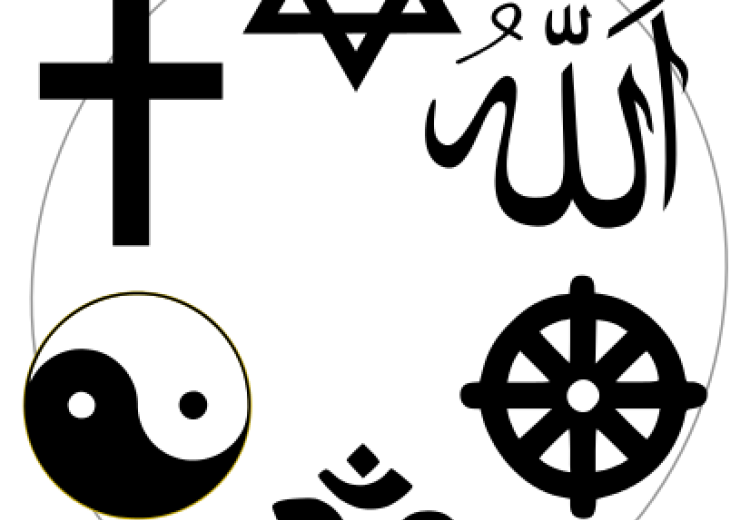 Symbols of Christianity, Judaism, Islam, Buddhism, Hinduism, Taoism.