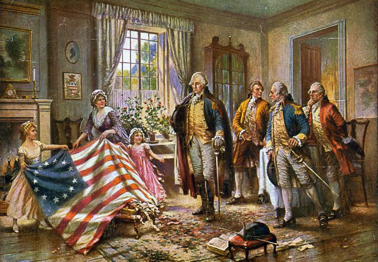 Painting depicting the story of Betsy Ross presenting the first American flag to General George Washington, by Edward Percy Moran, c. 1917.