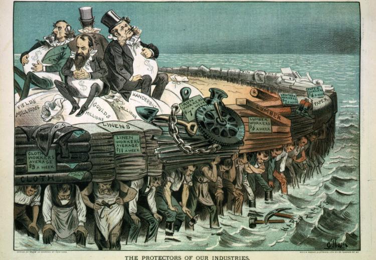 Cartoon showing Cyrus Field, Jay Gould, Cornelius Vanderbilt, and Russell Sage, seated on bags of "millions", on large raft, and being carried by workers of various professions.