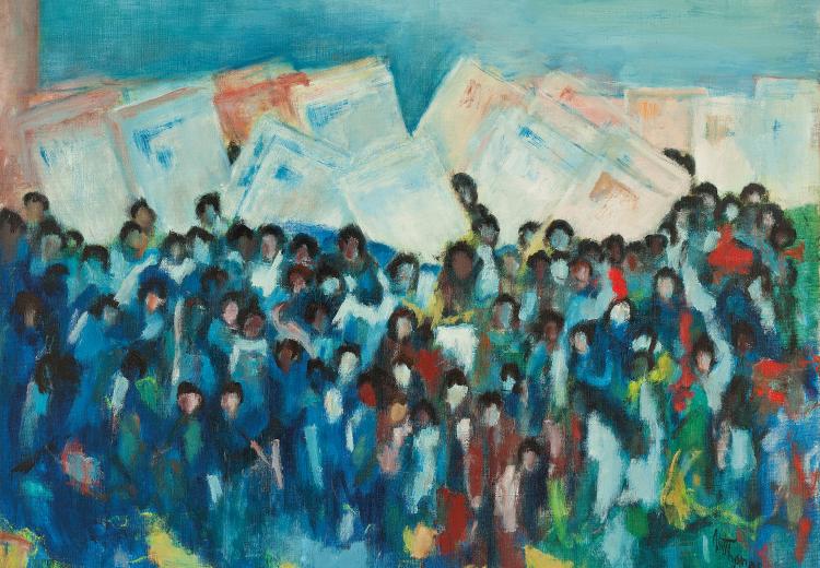 Colorful painting suggests large gathering of people facing the viewer with large posters behind them