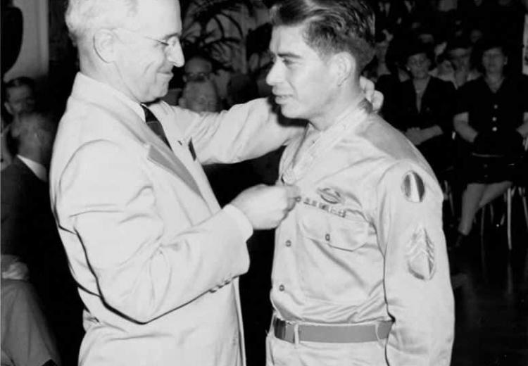 President Harry Truman awards the Congressional Medal of Honor to Macario Garcia, 1945