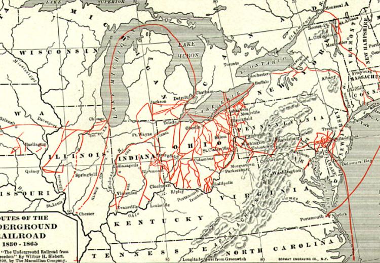 Map showing routes of the Underground Railroad