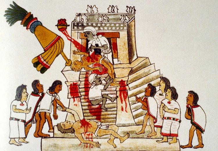 Aztec priest performing the sacrificial offering of a human heart to the war god Huitzilopochtli.