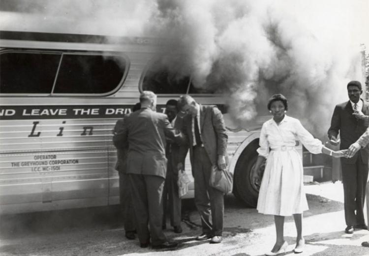Freedom Riders Bus Burned near Anniston, Alabama, 1961