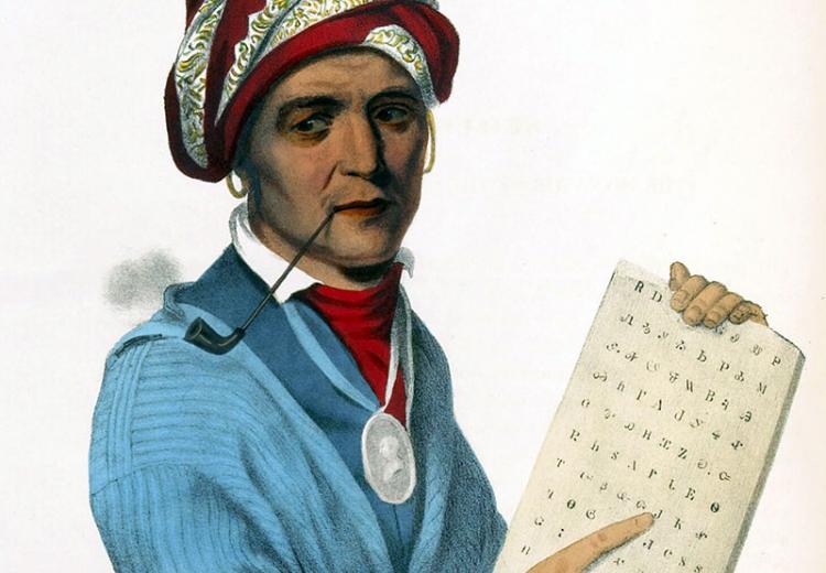 Sequoyah with a tablet depicting his writing system for the Cherokee language.