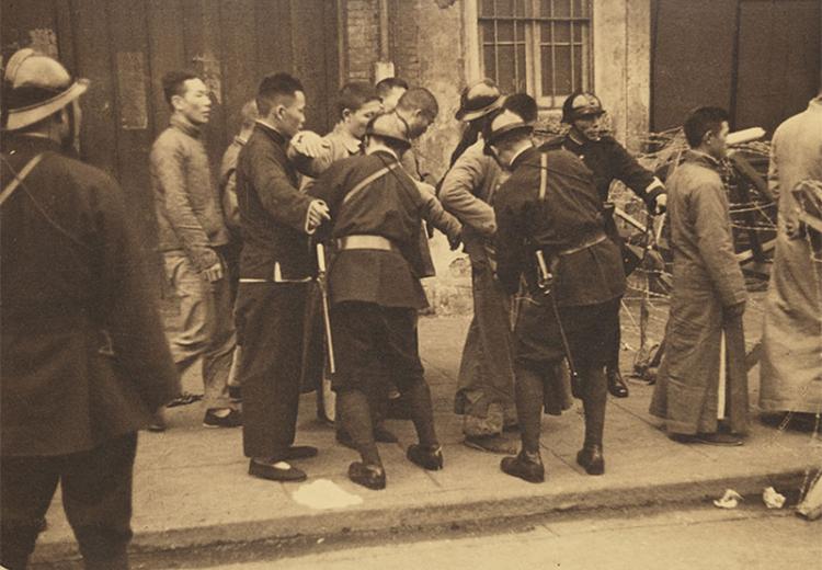 Chinese Civilians with Japanese Soldiers at Checkpoint, 1937.