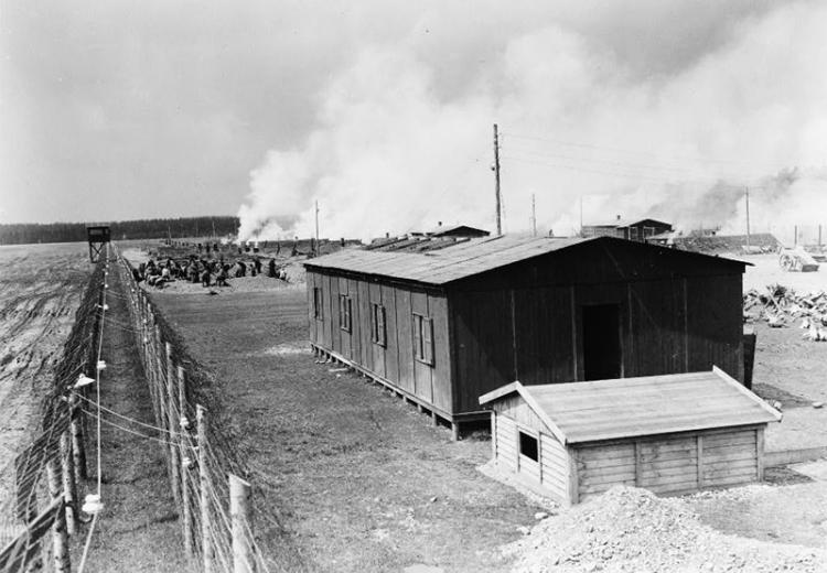 View of unidentified German concentration camp at time of liberation by U.S. Army, 1945.